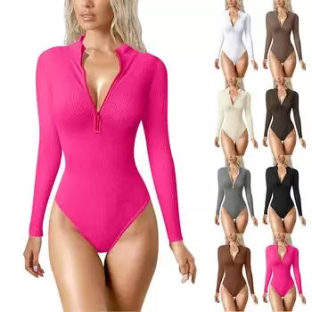 Женский модный сексуальный однотонный топ с круглым вырезом и длинным рукавом на молнии, тонкий комбинезон XL горячий розовый