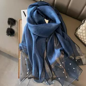 Женский модный шарф, однотонный шелковый льняной платок, шарфы, четыре сезона, женский шелковый шарф синий