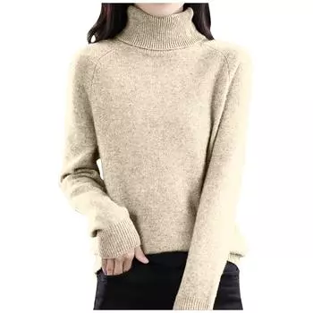 Женский модный шерстяной свитер с длинными рукавами и вставкой на плечах, однотонный водолазка L бежевый