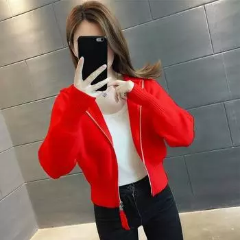 Женский модный свитер на молнии с капюшоном, вязаный кардиган, пальто XL красный