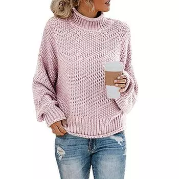 Женский модный свитер, однотонный вязаный свитер с высоким воротом и тонким дном M розовый