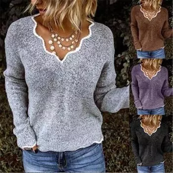 Женский модный свитер повседневный свободный с V-образным вырезом и длинными рукавами верхние части S хаки