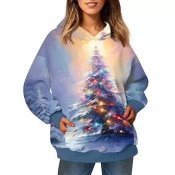 Женский модный свитер с длинными рукавами и рождественским принтом, с капюшоном и карманом M