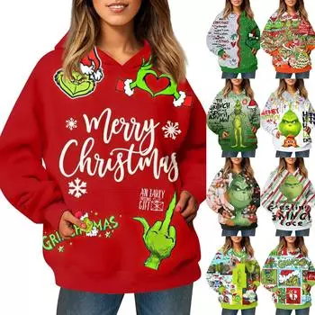Женский модный свитер с длинными рукавами и рождественским принтом, с капюшоном и карманом M