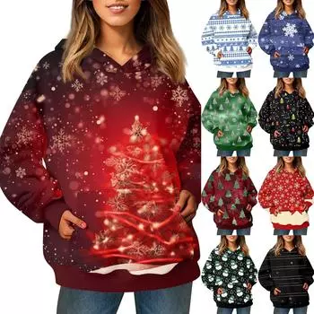 Женский модный свитер с длинными рукавами и рождественским принтом, с капюшоном и карманом XXL