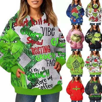 Женский модный свитер с длинными рукавами и рождественским принтом, с капюшоном и карманом L чёрный