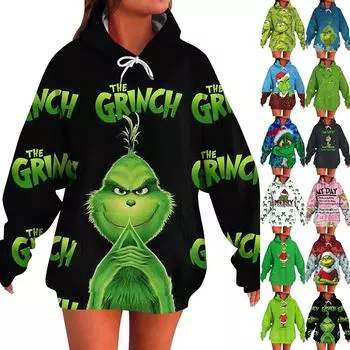 Женский модный свитер с длинными рукавами и рождественским принтом, с капюшоном и карманом L армия зеленый