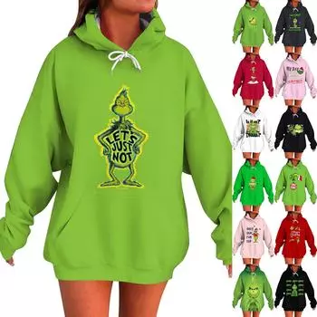 Женский модный свитер с длинными рукавами и рождественским принтом, с капюшоном и карманом L чёрный