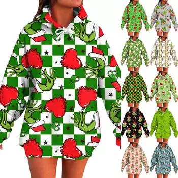 Женский модный свитер с длинными рукавами и рождественским принтом, с капюшоном и карманом L армия зеленый