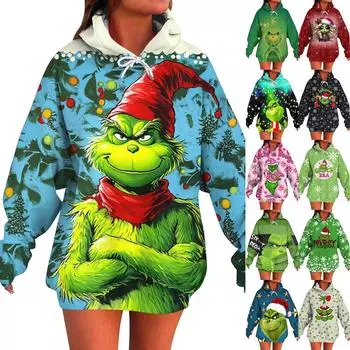 Женский модный свитер с длинными рукавами и рождественским принтом, с капюшоном и карманом L армия зеленый
