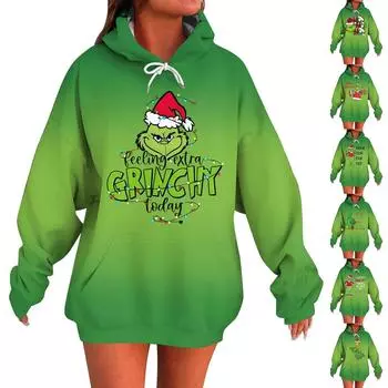 Женский модный свитер с длинными рукавами и рождественским принтом, с капюшоном и карманом L армия зеленый