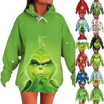 Женский модный свитер с длинными рукавами и рождественским принтом, с капюшоном и карманом XXL