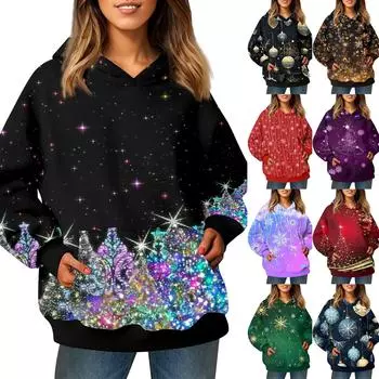 Женский модный свитер с длинными рукавами и рождественским принтом, с капюшоном и карманом L чёрный