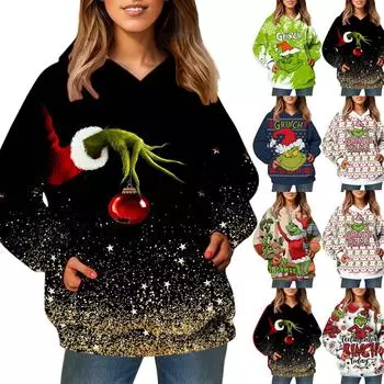 Женский модный свитер с длинными рукавами и рождественским принтом, с капюшоном и карманом XXXXXL чёрный