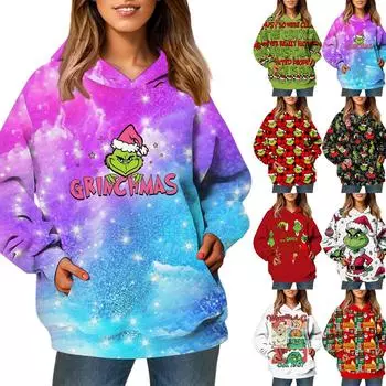 Женский модный свитер с длинными рукавами и рождественским принтом, с капюшоном и карманом L фиолетовый