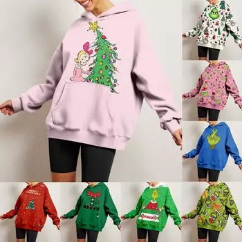 Женский модный свитер с длинными рукавами и рождественским принтом, с капюшоном и карманом L розовый
