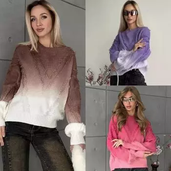 Женский модный свитер с градиентной бахромой, элегантный свободный пуловер с длинным рукавом и круглым вырезом, уличная одежда на осень 2024 года S жёлтый