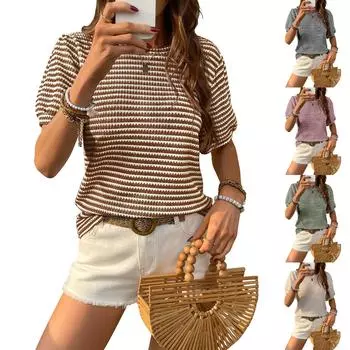 Женский модный свитер с круглым вырезом и короткими рукавами в полоску L чёрный