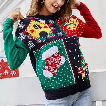 Женский модный свитер с рождественской елкой и снежинками L