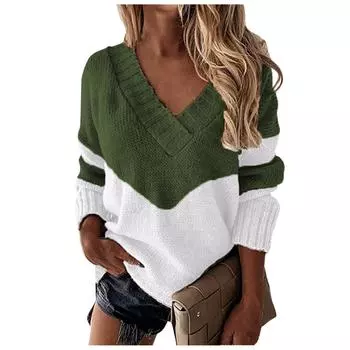 Женский модный свитер с V-образным вырезом, свободный, повседневный, однотонный, вязаный свитер L армия зеленый