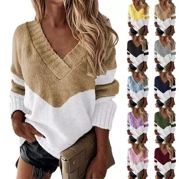 Женский модный свитер с V-образным вырезом, свободный, повседневный, однотонный, вязаный свитер L армия зеленый