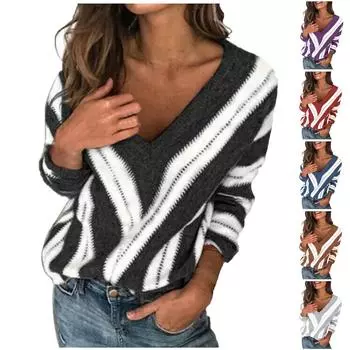 Женский модный свитер с V-образным вырезом и длинными рукавами в полоску, повседневный пуловер L чёрный