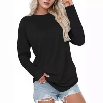 Женский модный свитшот с длинными рукавами, однотонный, с круглым вырезом, повседневный L чёрный