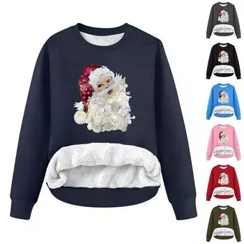 Женский модный свободный флисовый свитер с круглым вырезом и длинными рукавами с рождественским принтом L синий