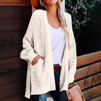 Женский модный свободный кардиган с длинным рукавом, вязаный индивидуальный однотонный повседневный свитер One Size бежевый