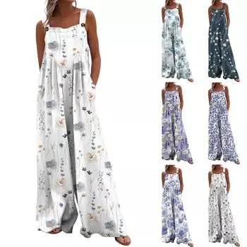 Женский модный свободный комбинезон без рукавов с цветочным принтом и карманами L