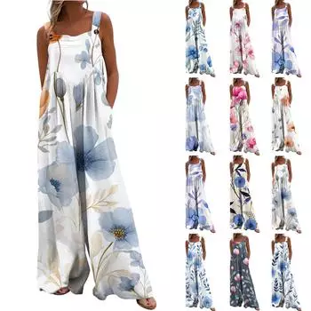 Женский модный свободный комбинезон без рукавов с цветочным принтом и карманами L бежевый