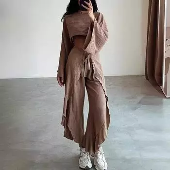 Женский модный свободный комплект из двух предметов: топ + брюки S чёрный