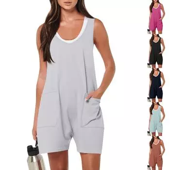 Женский модный свободный однотонный комбинезон без рукавов с v-образным вырезом и карманами L чёрный