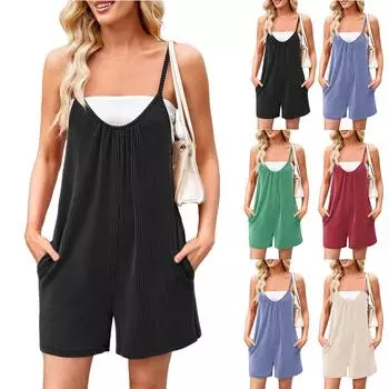 Женский модный свободный однотонный комбинезон с перекрученными полосками сзади и карманами L бежевый