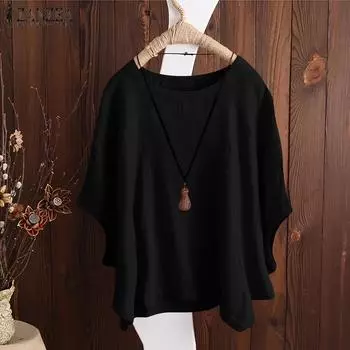 Женский модный свободный однотонный летний топ с рукавами «летучая мышь» и круглым вырезом S темно-синий