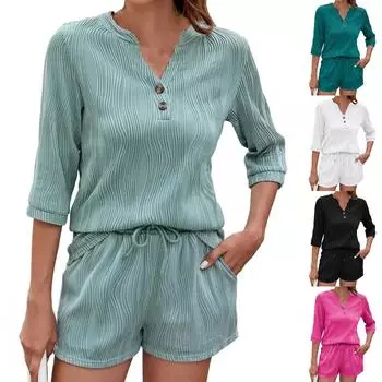 Женский модный свободный однотонный повседневный комплект с V-образным вырезом, рукавами средней длины и карманами XXL