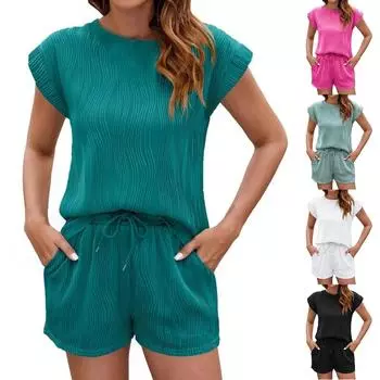 Женский модный свободный однотонный повседневный комплект с круглым вырезом и безрукавками и карманами M