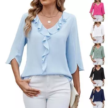 Женский модный свободный однотонный повседневный топ с V-образным вырезом и оборками, с коротким рукавом L чёрный