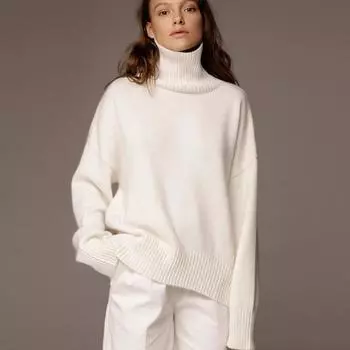 Женский модный свободный однотонный вязаный свитер с длинным рукавом, винтажный повседневный джемпер с высоким воротом, пуловер S белый