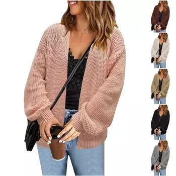 Женский модный свободный однотонный вязаный свитер средней длины, куртка-кардиган XL розовый