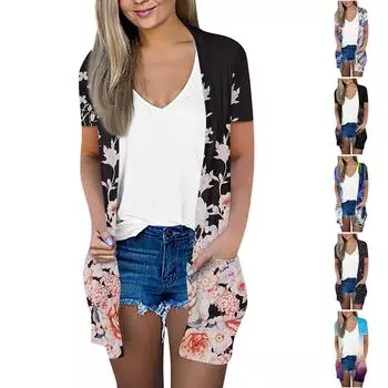 Женский модный свободный повседневный кардиган с карманами и принтом, куртка с короткими рукавами, топ L чёрный