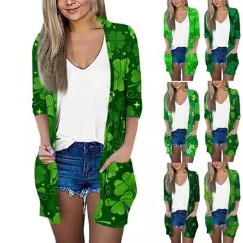Женский модный свободный повседневный кардиган с карманами и принтом, куртка с рукавами из семи частей, топ L
