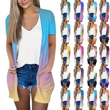 Женский модный свободный повседневный кардиган с карманами и принтом, куртка с короткими рукавами, топ L синий