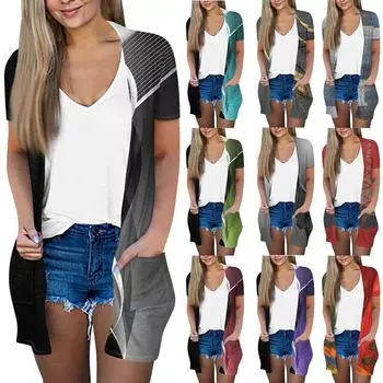 Женский модный свободный повседневный кардиган с карманами и принтом, куртка с короткими рукавами, топ L