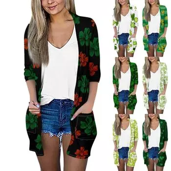 Женский модный свободный повседневный кардиган с карманами и принтом, куртка с рукавами из семи частей, топ L