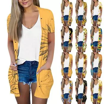 Женский модный свободный повседневный кардиган с карманами и принтом, куртка с короткими рукавами, топ L чёрный