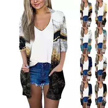 Женский модный свободный повседневный кардиган с карманами и принтом, куртка с рукавами из семи частей, топ L чёрный