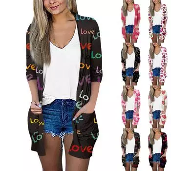 Женский модный свободный повседневный кардиган с карманами и принтом, куртка с рукавами из семи частей, топ L бежевый