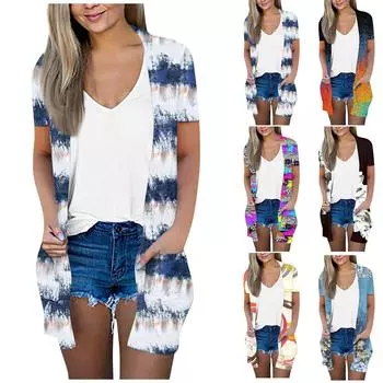 Женский модный свободный повседневный кардиган с карманами и принтом, куртка с короткими рукавами, топ L бежевый