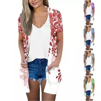 Женский модный свободный повседневный кардиган с карманами и принтом, куртка с короткими рукавами, топ M красный